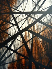 Leinwandbilder - A complex arrangement of dark lines intersecting against a backdrop of earthy tones, representing the interplay between structure and organic forms in abstract art.