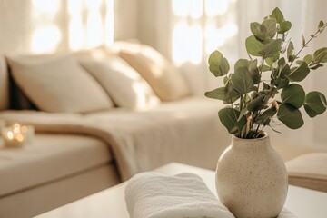 Aufkleber - This image captures a cozy living space bathed in soft light, featuring a stylish plant arrangement that enhances the warm and inviting atmosphere of the room.