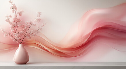 Wall Mural - A pink vase with a pink flower in it sits on a white shelf