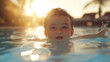 © Pavithiran - Happy baby playing in swimming pool during summer vacation. Generative Ai