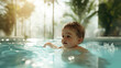 © Pavithiran - Happy baby playing in swimming pool during summer vacation. Generative Ai