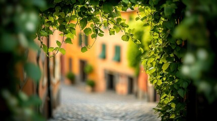 Poster -   Narrow cobblestone street, yellow background, green vine hanging over walkway