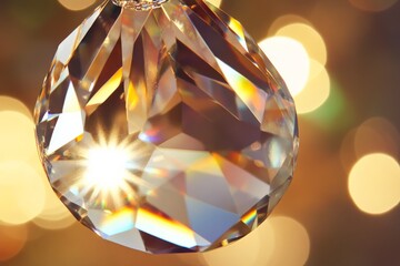 Aufkleber - A close-up of a crystal pendant, showcasing its intricate facets that reflect and refract light, creating stunning patterns and colors against a soft, glowing background.