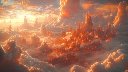 Canvas Print - Golden city above clouds, sunset sky.