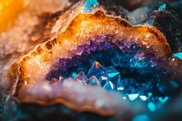 Aufkleber - This captivating geode features a burst of shimmering blue and golden crystals, reflecting light beautifully and showcasing nature's artistry in a mesmerizing display.