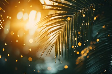 Poster - This image captures the beauty of palm leaves illuminated by soft sunlight, creating a magical bokeh effect that enhances the tropical ambiance and tranquility.