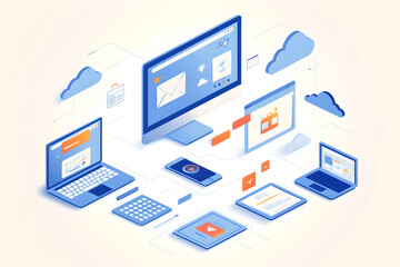 Business digital system, data set in technology. Communication of computer and electronic devices via cloud network. 3D isometric flat illustration
