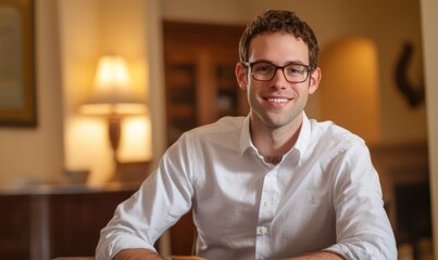 Wall Mural - A man wearing glasses and a white shirt is sitting at a table