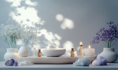 Poster - A table with a white bowl, candles, and vases