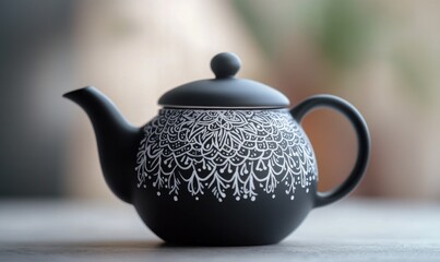 Poster - A black and white tea pot with a white design on it