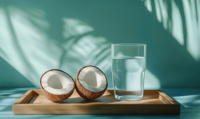 Wall Mural - A glass of water sits on a tray with two halves of a coconut