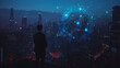 Abstract businesswoman stands on the peak of success Smart digital city with connection cyber security network reciprocity over the cityscape future wireless digital city and social media networking