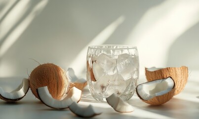 Poster - A glass of water with a piece of coconut on the table