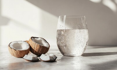 Wall Mural - A glass of water with a piece of coconut on the table