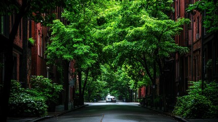 Poster -   Tall, red-brick buildings line the street, with trees on either side and a parked car on the curb