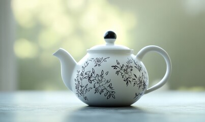 A white and black tea pot with flowers on it