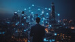 © Teeraphon - Abstract businesswoman stands on the peak of success Smart digital city with connection cyber security network reciprocity over the cityscape future wireless digital city and social media networking