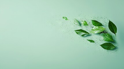 Poster -  Green leaves and sprinkles on a light green background with ample space for text or graphics