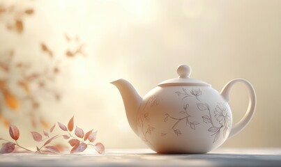 Poster - A white tea pot with a floral design sits on a table