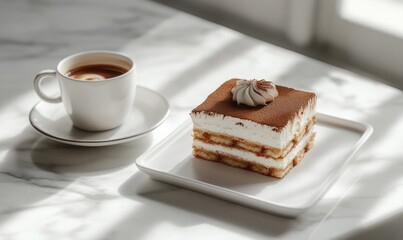 Poster - A slice of cake is on a white plate next to a cup of coffee