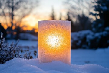 Aufkleber - An ice candle glows warmly against a snowy backdrop as the sky transitions to dusk. This beautiful contrast highlights the serene and peaceful essence of winter nights.