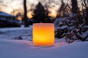 Aufkleber - A beautiful ice lantern emits a soft glow in the snowy terrain while the sun sets behind trees, showcasing a magical winter ambiance filled with warmth and tranquility.