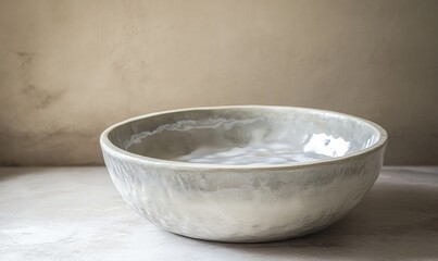 A white bowl with a blue rim sits on a table