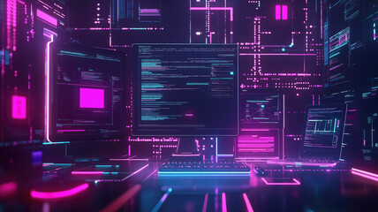 Creating software and website for different digital platform desktop pc, laptop, tablet, mobile phone. Development, design and coding web and offline app. Ai generated