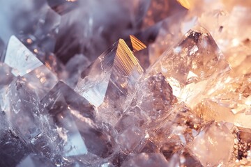 Aufkleber - A close-up view of clear quartz crystals, beautifully arranged, glistening under soft natural light, creating a serene composition that conveys purity and elegance in simplicity.