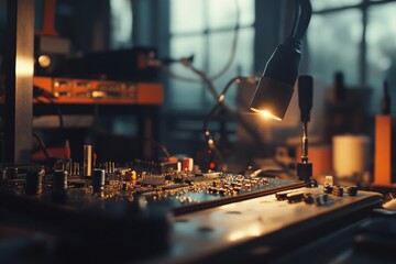 Poster - A detailed view of a circuit board being worked on, illuminated by a focused lamp, showcasing the intricate components and a sense of technology in the workshop.