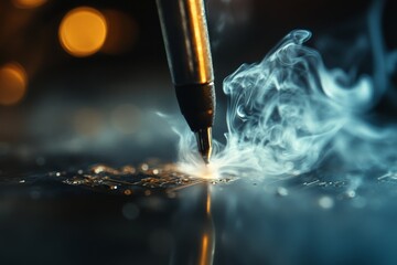 Poster - Capture the moment a soldering tool fuses components on a circuit board, emitting smoke and sparks, representing collaboration between man and machine in technology.