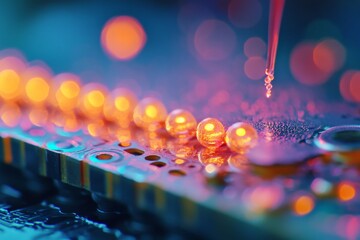 Poster - The macro shot captures colorful droplets resting on a circuit board, showcasing a beautiful interplay of light, color, and technology.