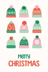 Wall Mural - christmas poster in cartoon style. greeting card decorated with winter hats. vector illustration