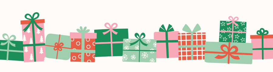Wall Mural - christmas banner in cartoon style. colourful gift boxes with bows. vector illustration