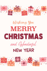 Wall Mural - christmas poster with decorations in cartoon style. greeting card with hand drawn presents. vector i