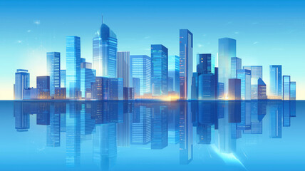 Modern skyscrapers of a smart city, futuristic financial district, graphic perspective of buildings and reflections - Architectural blue background for corporate and business brochure template