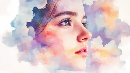 Wall Mural - serene watercolor heavenscape features soft pastel hues, whimsical fluffy clouds, and warm glowing l