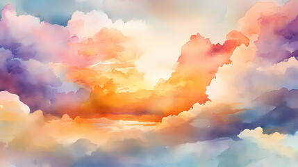 Wall Mural - serene watercolor heavenscape features soft pastel hues, whimsical fluffy clouds, and warm glowing l
