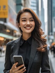 Wall Mural - Smiling Woman in Business Attire on City Street