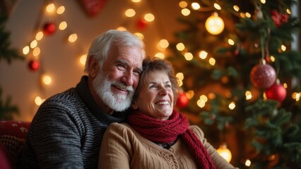 Wall Mural - Couple Enjoying a Cozy Evening Together by the Christmas Tree During the Festive Season