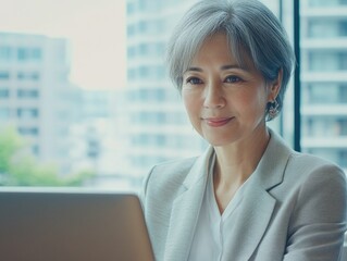 Wall Mural - Professional Asian Woman Smiling at Laptop