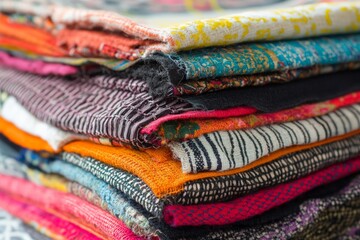 Fototapete - A vibrant collection of various fabrics stacked neatly, showcasing bright colors and intricate patterns, perfect for crafting and design inspiration.