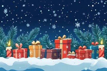 Wall Mural - A snowy Christmas scene with a blue background, showcasing a variety of presents in different colors and sizes, all wrapped in bright, festive paper.