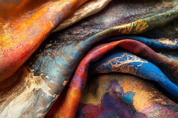 Fototapete - A close-up view of intricately patterned fabric featuring vivid and diverse colors, highlighting the elegance and artistic expression inherent in textile design.