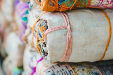 Fototapete - Colorful fabric rolls are artistically stacked and tied, showcasing a variety of textures and patterns, ideal for displays in design or textile production environments.