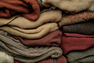 Fototapete - This photograph captures a pile of warm textiles conveying comfort and warmth, highlighting rich colors and the textures of various fabrics in an intimate setting.