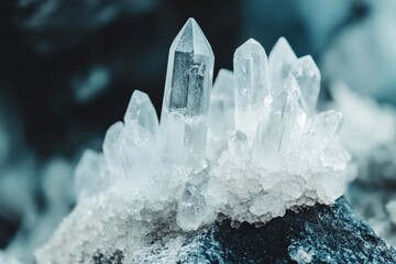 Aufkleber - A captivating image of multiple quartz points arranged delicately on dark rocks, showcasing a strategic play of light and shadow that enhances its aesthetic appeal.
