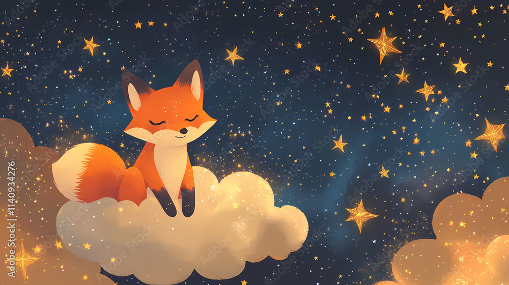 Cartoon fox joyfully sitting on a fluffy cloud amidst a dreamy night ...