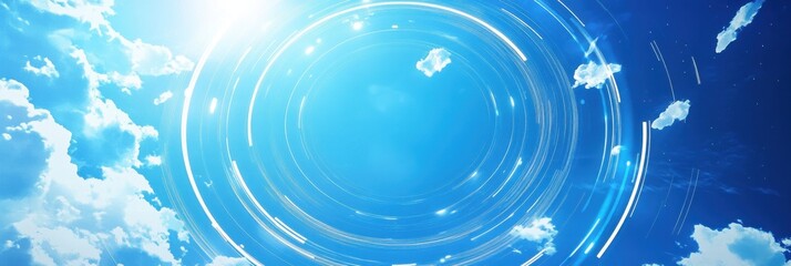 Blue background with digital technology elements and circles, white lines in the center of an abstract blue sky Generative AI