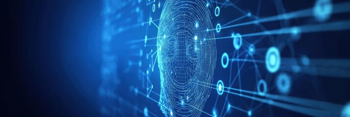 Blue background with digital technology elements, futuristic circles and lines on the right side of the screen representing an artificial intelligence network Generative AI